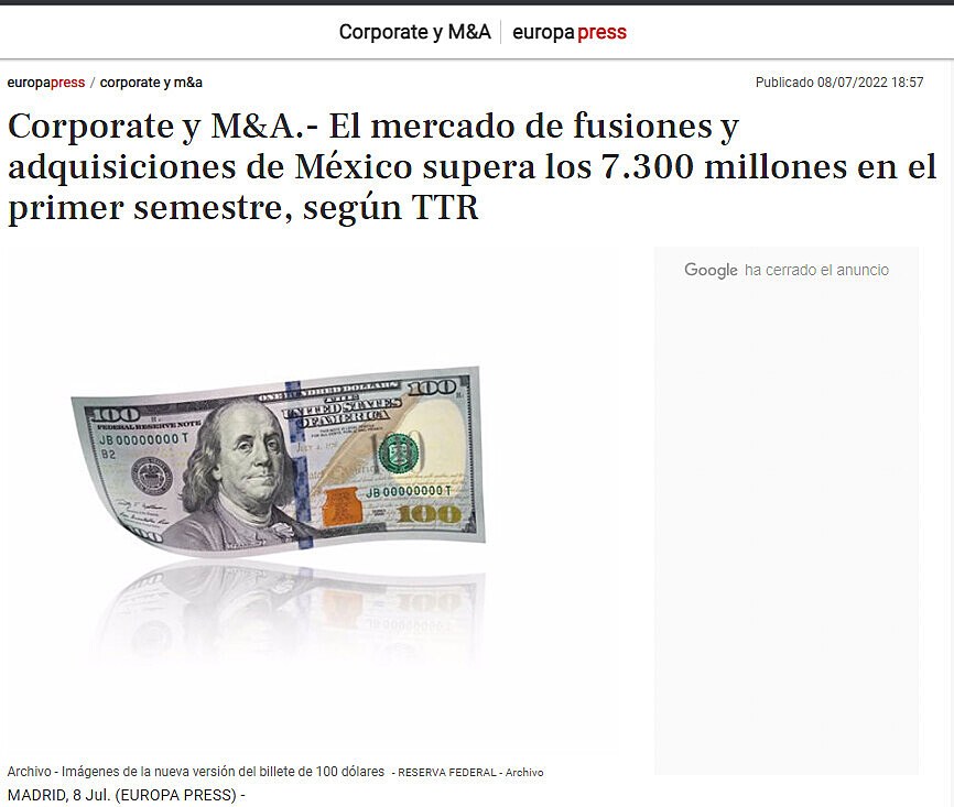 Corporate y M&A.- El mercado de fusiones y adquisiciones de Mxico supera los 7.300 millones en el primer semestre, segn TTR